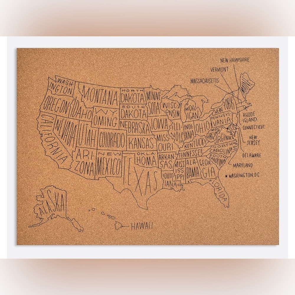 NEW Easy, Tiger Corkboard Cork Map of the United States Made in USA 24 × 18 HTF